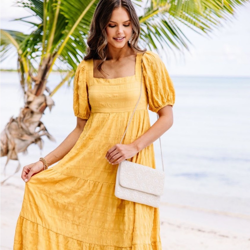 ShopTheMint Sunshine Puff-Sleeve Square-Neck Maxi Dress Yellow Sz Medium